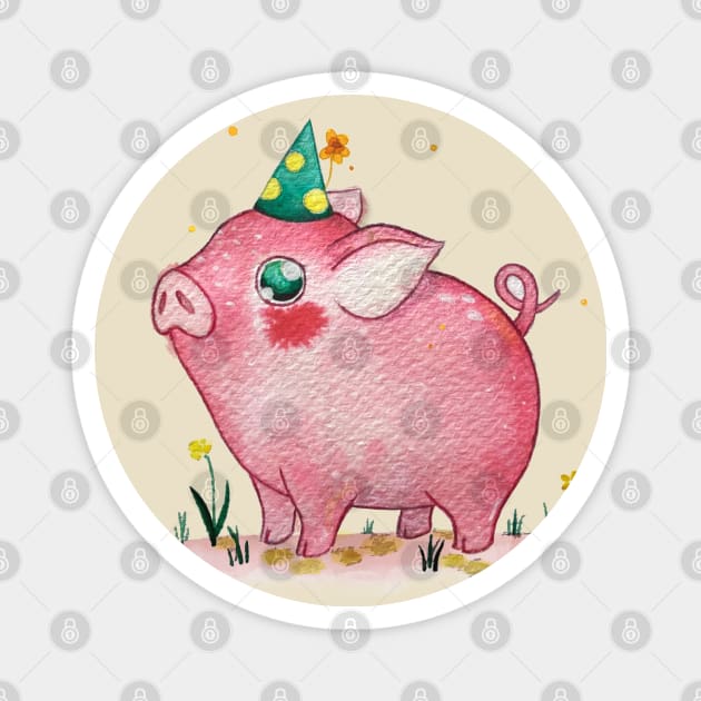 Birthday Piggie Magnet by Hana Nekrep Art